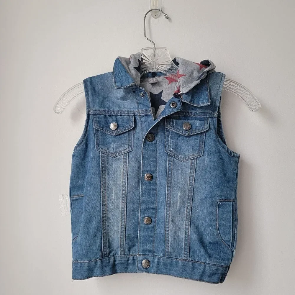 Boys or Girls Denim with Cotton Lined Front Open Buttons Hooded Vest Size 5-6